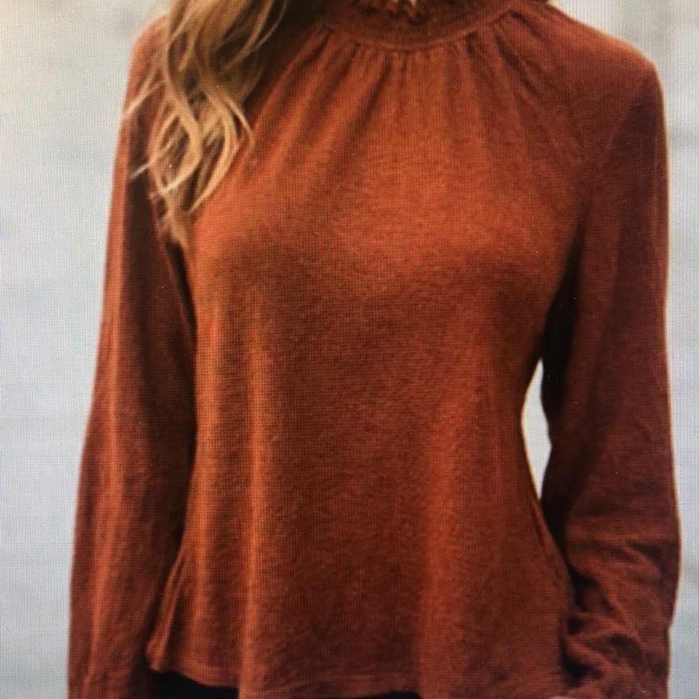 M Burnt orange textured ruffle mock neck long sleeve sweater fall color NEW NWT